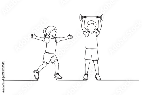 Single one line drawing happy kids doing exercise. Fitness activity concept. Continuous line draw design. one line Icon drawing with white background