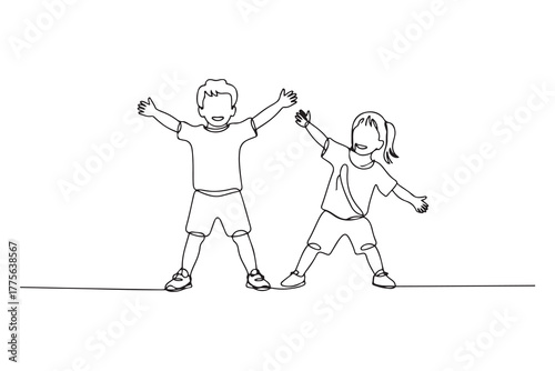 Single one line drawing happy kids doing exercise. Fitness activity concept. Continuous line draw design. one line Icon drawing with white background