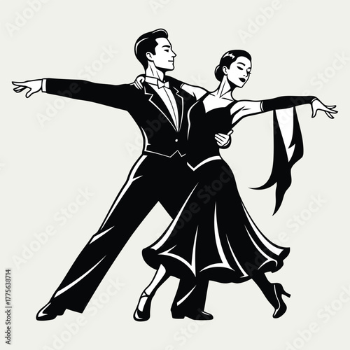Elegant couple dancing ballroom dance in black and white