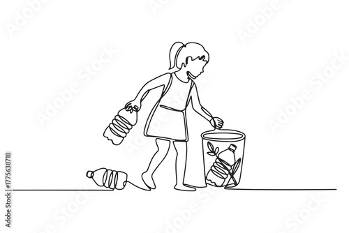 Continuous one line drawing happy girl pick up plastic bottle waste. World environment day concept. one line Icon drawing with white background