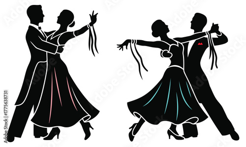 Silhouette ballroom dancers in formal attire on white background