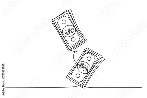 Single continuous line drawing of falling Dollar money. concept one line draw design. one line Icon drawing with white background