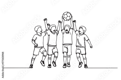 Single one line drawing happy children winning the soccer playing. Team work concept. one line Icon drawing with white background