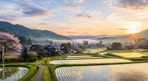 Shirakawago village at sunrise with cherry blossoms and rice paddies