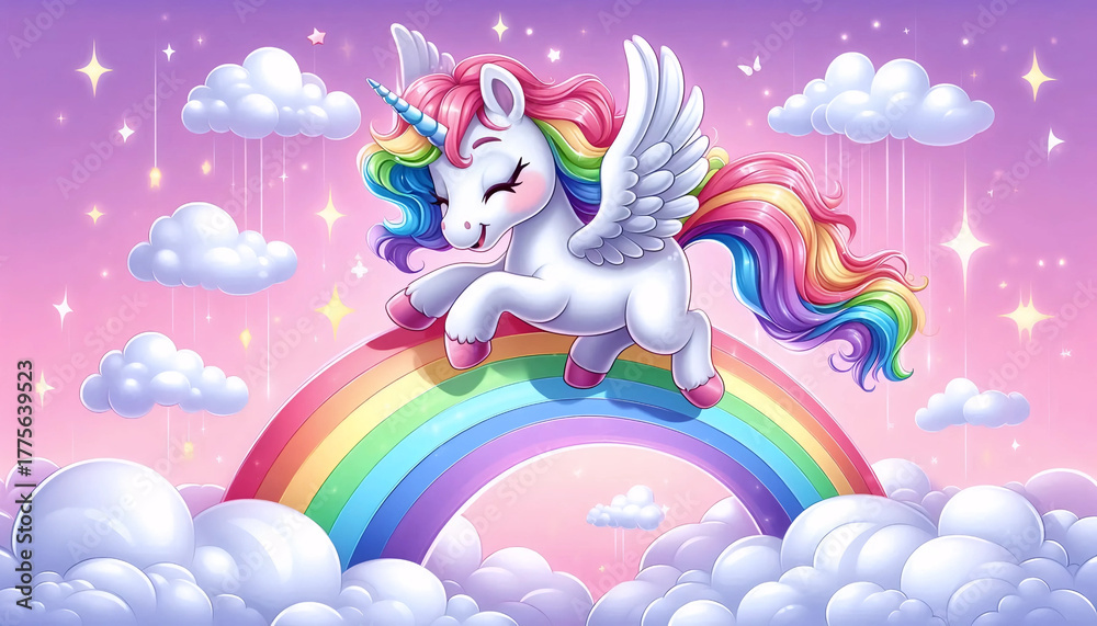 Obraz premium A unicorn on a rainbow, Ai generated image