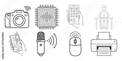 Collection of hand drawn digital technology and gadget icons