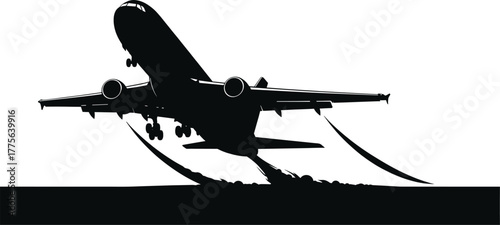 Silhouette of a large airplane taking off aircraft, airplane, aircraft, jet, plane, silhouette, black, white, takeoff, landing, runway, airport, flight, aviation, travel, transport, vehicle, airborne,