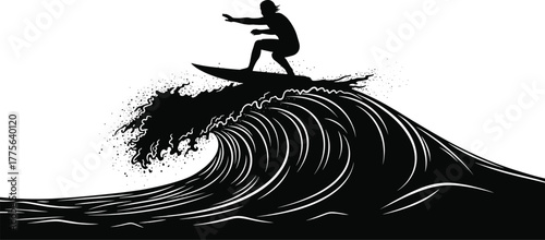 Silhouette of surfer riding a breaking ocean wave surfing, silhouette, surfer, surfing, wave, ocean, sea, water, surf, ride, sport, extreme, action, motion, splash, spray, foam, crest, breaking wave, 