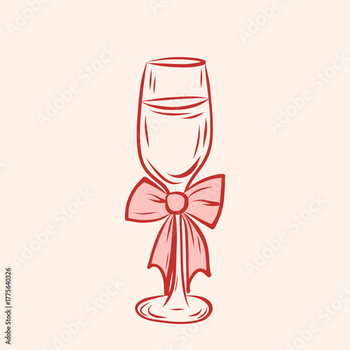 Coquette illustration glass wit drink. Glass goblet champagne or wine decorated bow. For cards, greetings and holidays.
