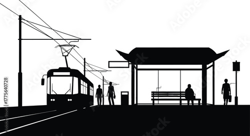 Tram at Station with Passengers Silhouette tram, train, public transport, illustration, design, movement, train, scene, bench, departure, public, tracks, station, room, arrival, passengers, waiting, t
