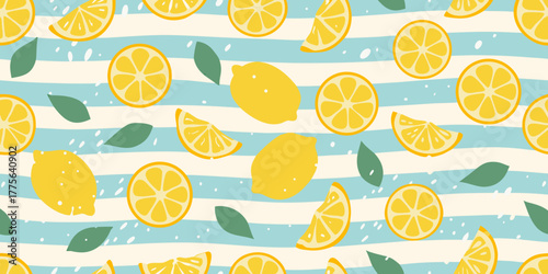 Seamless pattern of yellow lemons and slices with green leaves on a pastel blue and cream striped background