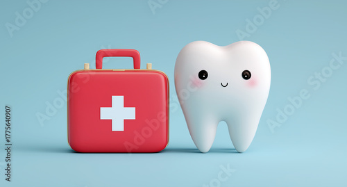 Cute cartoon tooth with smiling face next to red first aid kit on blue background dental medical