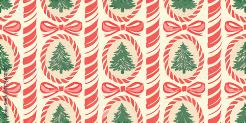 Festive christmas pattern with candy canes evergreen trees and bows in red and green colors