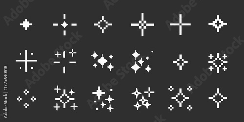 Collection of pixel art starbursts and sparkles in various designs and sizes on a dark background