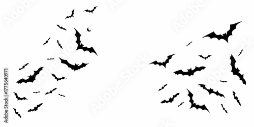 A swarm of black bats flying in formation against a white background for halloween