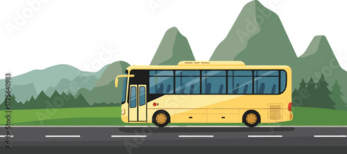 Yellow bus driving on road with mountains and trees background, bus, vehicle, transportation, travel, road, highway, street, journey, trip, public transport, passenger, transport, commute, city, urban