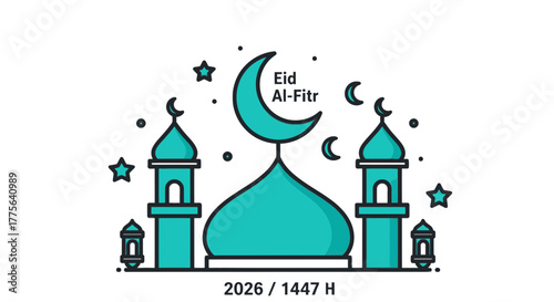 Eid al Fitr Celebration Mosque Illustration with Crescent Moon and Stars 1.
