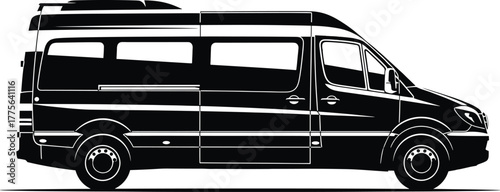 Black silhouette of a modern passenger van on white background, van, passenger van, vehicle, transport, transportation, silhouette, black and white, graphic, design, modern, commercial, delivery, trav