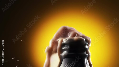 Champagne Bottle Popping Cork with Bubbles and Spray.