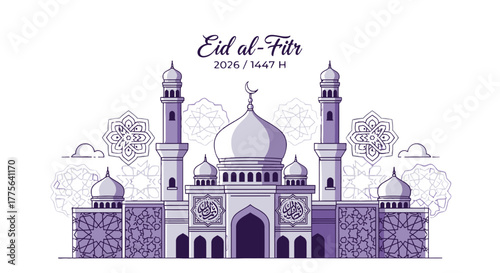 Eid al Fitr Mosque Illustration with Detailed Architectural Design.