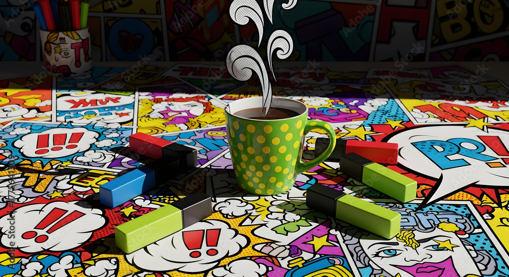 Fototapeta premium Steaming coffee mug on a vibrant pop art comic book background with colorful markers and pens