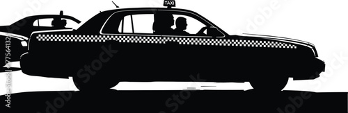 Black taxi cab with checkered stripe and driver on white background taxi, cab, car, driver, taxi, road, traffic, design, transportation, transport, with, ride, stripe, service, white, automobile, back