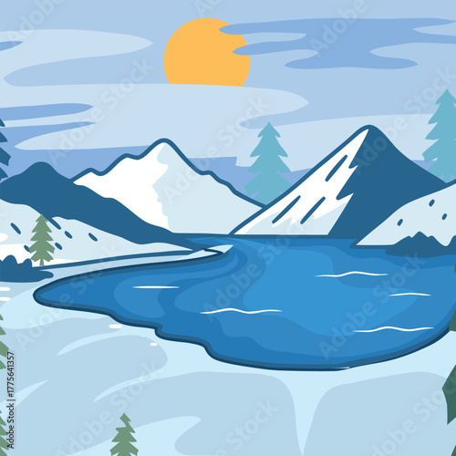 Winter season landscape with snowy mountains, river and fir trees scene