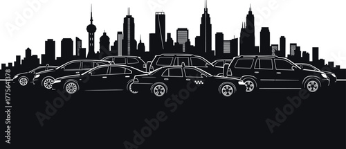 City Skyline with Silhouette of Cars and Taxis vector, city, skyline, silhouette, cars, taxis, urban, transportation, vehicles, buildings, skyscrapers, cityscape, modern, architecture, street, traffic