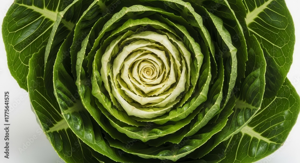Fototapeta premium Fresh Core And Green Leaves Of A Raw Vegetable Forming A Natural Spiral Structure