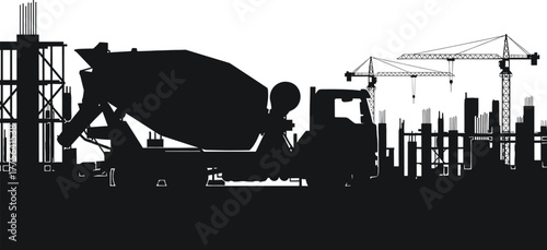 Construction site with cement mixer truck construction, site, building, development, illustration, assembly, building, industrial, large, foundation, duty, design, site, with, growth, complex, structu