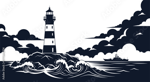 Lighthouse on a rocky island with crashing waves and ship, lighthouse, beacon, coast, sea, ocean, waves, water, storm, shipping, nautical, maritime, island, rock, cliff, boat, ship, vessel, silhouette