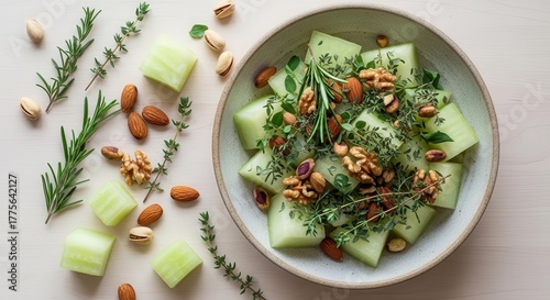 Fresh Culinary Delight: A Harmony Of Melon, Nuts, Herbs, And Healthy Eating