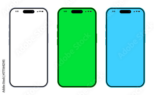 iPhone 17 Pro Max mobile phone with green and blank screens. Layout mockup of smartphone template set isolated on a transparent background