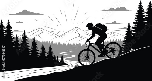 Mountain biker riding downhill with sun and trees mountain biking, mountain biking, cyclist, bicycle, downhill, trail, mountain, landscape, nature, trees, forest, pine trees, river, stream, sun, sunri
