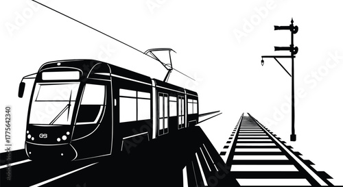 Modern Tram on Tracks with Overhead Wires and Signal, tram, streetcar, public transport, transportation, urban, city, rail, tracks, overhead wire, electric, signal, pole, perspective, front view, side