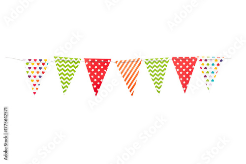 A carnival garland with multicolored flags on a white background. Decorative colorful pennants for birthday and New Year's celebrations.