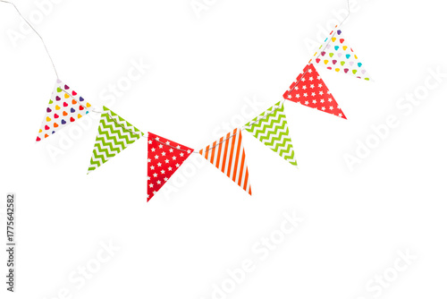 A carnival garland with multicolored flags on a white background. Decorative colorful pennants for birthday and New Year's celebrations.