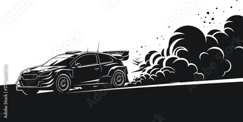Rally car kicking up dust and smoke on white background rally, car, racing, race, competition, performance, sports/, track, action, smoke, dust, design, rally, race, smoke., drift, blur, sports, cloud