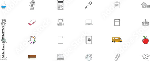 Collection of hand drawn icons representing various business and office supplies and equipment