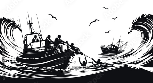 Rescue at sea with boat and people in waves rescue, sea, ocean, boat, ship, people, illustration, scene, drawing, rescue, storm, help, rescuing, design, fishing, with, helping, wave, miscellaneous, pe