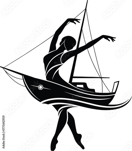 Silhouette of a ballerina dancing on a sailboat dance, ballerina, dance, ballet, dancer, silhouette, sailboat, boat, ship, water, sea, ocean, movement, grace, elegance, art, performance, music, piroue