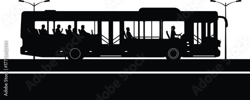 Silhouette of a city bus with passengers and streetlights, bus, city bus, public transport, transportation, silhouette, passengers, people, inside, windows, driver, streetlights, road, urban, travel, 