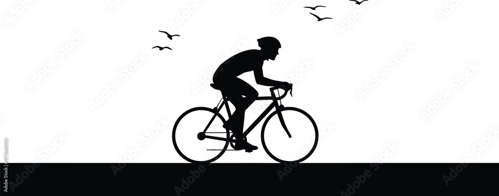Obraz premium Silhouette of a cyclist riding a bicycle with birds flying, cyclist, bicycle, cycling, bike, sport, recreation, silhouette, person, man, helmet, road, motion, speed, birds, flying, flock, sky, white b