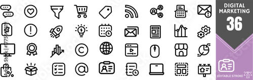 Digital Marketing Line Icon Set – Online Promotion, Advertising, SEO, Social Media, Email, Branding, Campaign, Content, Analytics, Editable Stroke transparent background