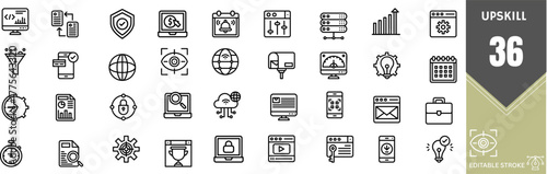 Upskill Line Icon Set – Training, Learning, Development, Knowledge, Growth, Course, Workshop, Education, Editable Stroke, Transparent Vector