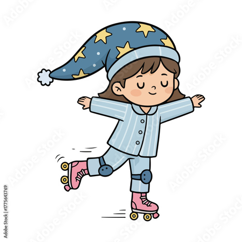 Cute Sleepy Child in Pajamas Ice Skating at Night Cartoon Illustration
