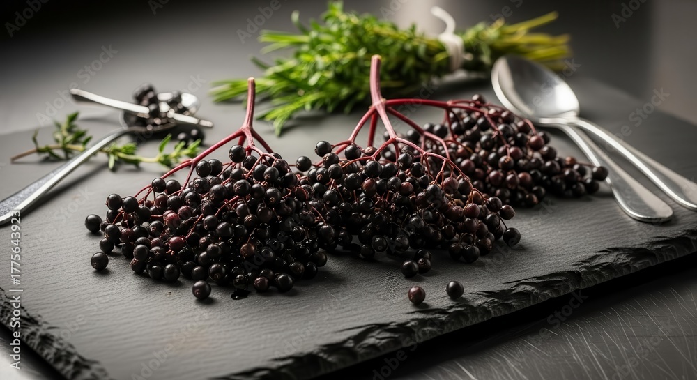 Fototapeta premium Fresh Elderberries and Herbs Arranged on a Slate Board, Perfect for Culinary and Wellness