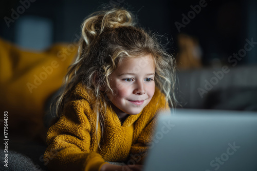 Little girl on sofa looking at laptop screen in home interior