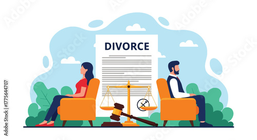 Flat style vector of man and woman sitting apart on sofa, avoiding eye contact, showing divorce, emotional distance and relationship conflict