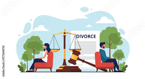 Flat style vector of man and woman sitting apart on sofa, avoiding eye contact, showing divorce, emotional distance and relationship conflict